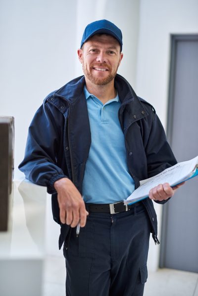 Cropped portrait of a handsome delivery man waiting in the lobby with a customers order.